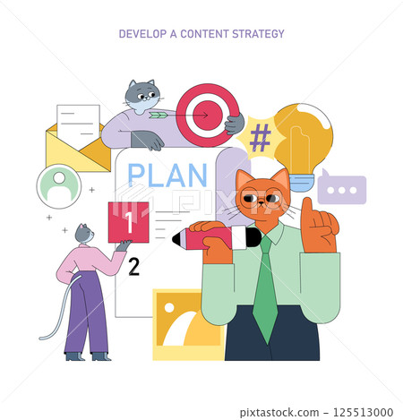 Effective content strategy development depicted through playful characters and visual elements, highlighting planning, goal-setting, and creative ideas in marketing. Engaging design for business needs 125513000