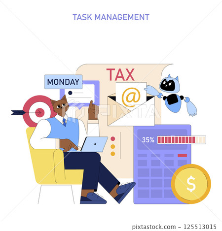 Task management illustration shows a professional managing their tasks efficiently with technology. The image highlights organization, automation, and productivity in business processes. 125513015
