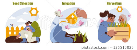 Horticulture set. Plant care process including seed selection, irrigation, and harvesting with people working together in a garden setting, nurturing plants from the start to harvest. Vector 125513023