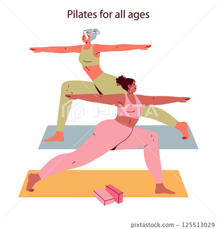 This illustration presents a welcoming scene of two women practicing Pilates, showcasing exercises suitable for all ages. The environment emphasizes inclusivity and the joy of physical fitness. 125513029