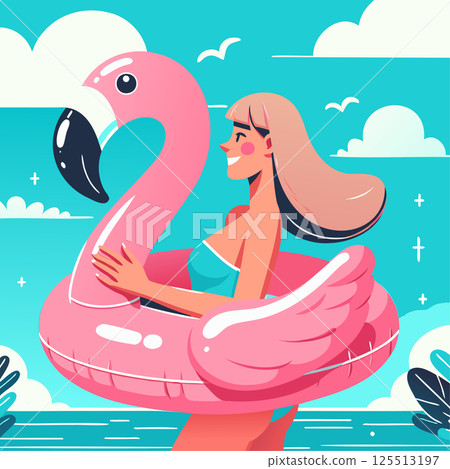 Girl relaxing on a flamingo float in a pool on a sunny summer day 125513197