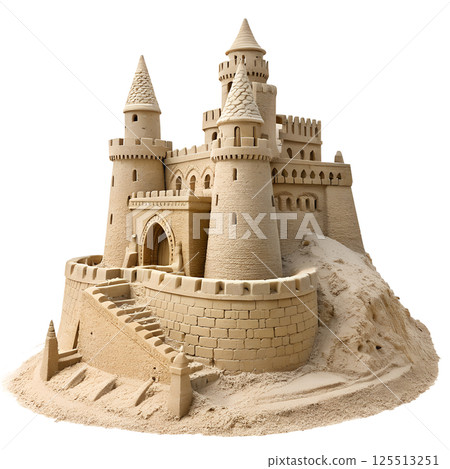 Small sandcastle isolated on transparent background, ideal for creative designs and summer visuals 125513251