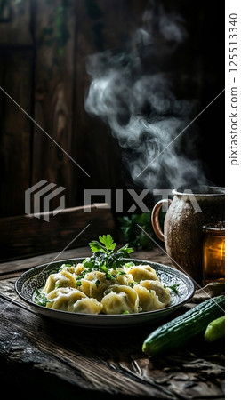 green tea with lemon and herbs 125513340