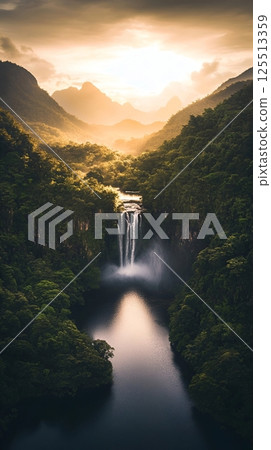 beautiful waterfall in the mountains 125513359