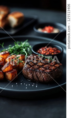 grilled beef steak with vegetables 125513406