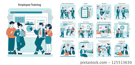Employee training illustration highlights various aspects of professional development. It depicts training plans, skill analysis, collaboration, and resource development for effective learning 125513630