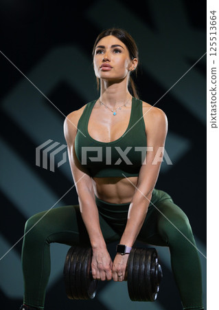 fitness enthusiast demonstrates strength and determination while lifting heavy dumbbell in gym setting. individual wears matching athletic gear and showcases toned muscles. fitness enthusiast demonstrates strength and determination while lifting heavy dumbbell in gym setting. individual wears matching athletic gear and showcases toned muscles. 125513664