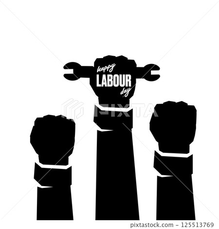 Vector silhouette of clenched fist holding wrench isolated on white background. Labour day and international workers day poster, label, greeting card with hand. 1 may logo design template Vector silhouette of clenched fist holding wrench isolated on white background. Labour day and international workers day poster, label, greeting card with hand. 1 may logo design template 125513769