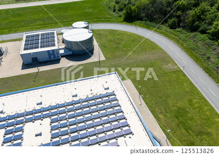 Aerial view of green hydrogen factory with storages.  125513826