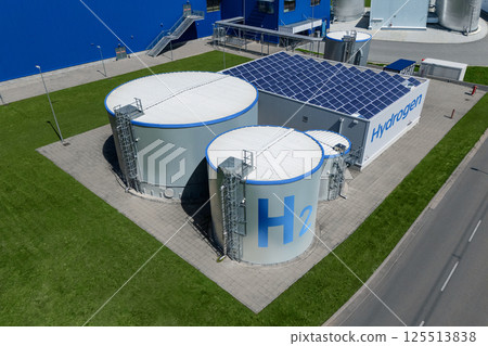 Aerial view of green hydrogen factory with storages.  125513838