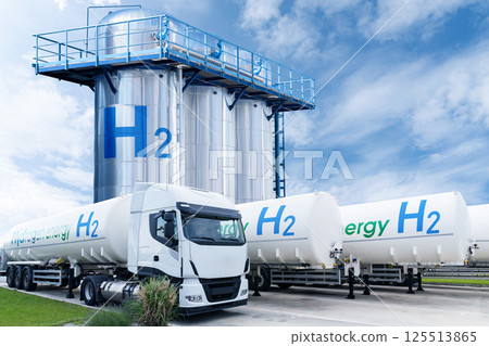Hydrogen tank trailers with hydrogen storage in the background 125513865