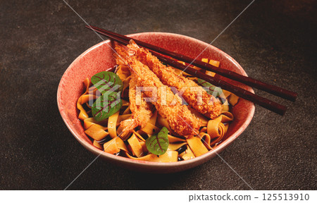 Udon noodles with shrimp in tempura, Japanese cuisine, homemade, no people, Udon noodles with shrimp in tempura, Japanese cuisine, homemade, no people, 125513910