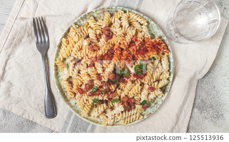 fusilli pasta with cheese and bacon, homemade, no people, 125513936