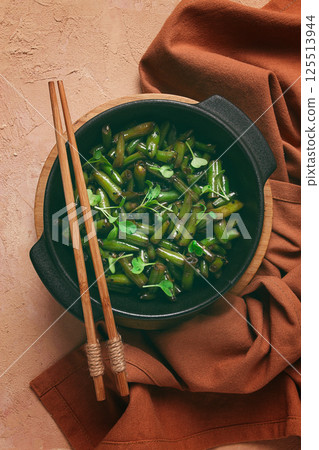 fried bean pods, in soy sauce, with sesame seeds, homemade, no people, fried bean pods, in soy sauce, with sesame seeds, homemade, no people, 125513944