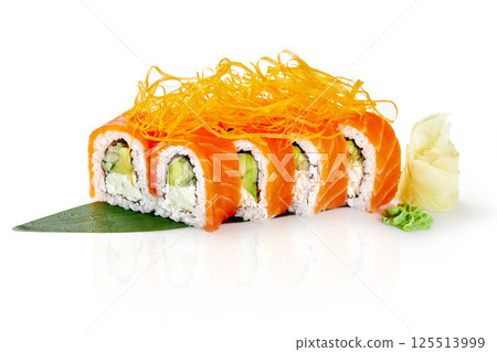Philadelphia uramaki sushi rolls with salmon, avocado, cream cheese and crispy onions on white background Philadelphia uramaki sushi rolls with salmon, avocado, cream cheese and crispy onions on white background 125513999