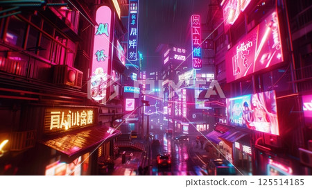 Cyberpunk Street Scene Neon Lights And Augmented Reality 125514185
