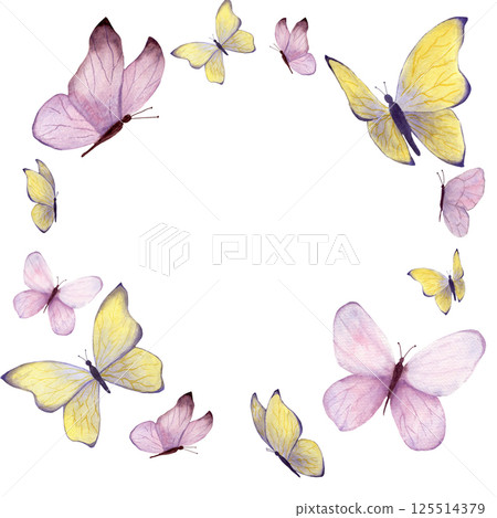Composition with yellow purple and pink fantasy butterflies by watercolor Composition with yellow purple and pink fantasy butterflies by watercolor 125514379