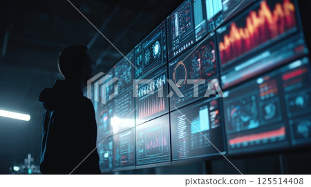 Man Analyzing Data On Large Screens in a High-Tech Environment 125514408