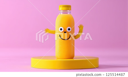 Yellow Bottle With Smiley Face and Arms on a Pink Background 125514487