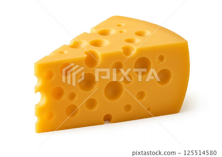 Chunk of Cheese With Holes Sits on a White Background Showing Texture and Color Variations 125514580