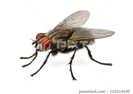Close-up View of a Fly Showcasing Detailed Features and Distinctive Red Eyes 125514595