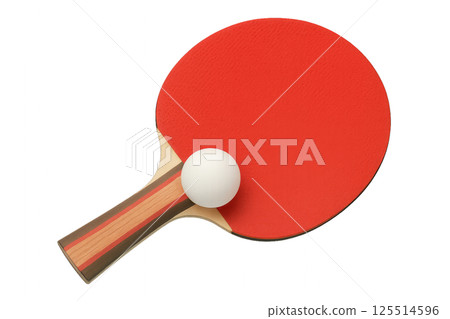 Table Tennis Paddle and Ball on a Plain Surface Ready for a Match During Indoor Sports Activity 125514596