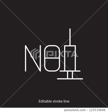 No syringe, hormones, antibiotic, drugs icon. No injection symbol. Vector stock illustration isolated on black background for design template medical, pharmacy, hospital. Editable stroke line No syringe, hormones, antibiotic, drugs icon. No injection symbol. Vector stock illustration isolated on black background for design template medical, pharmacy, hospital. Editable stroke line 125514646