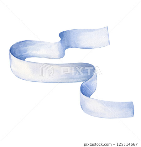 A curly blue ribbon, hand-drawn. Watercolor illustration isolated on a white background. For different greeting designs. 125514667