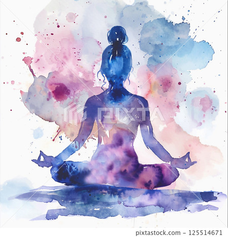 Watercolor girl in meditation pose. Banner for international yoga day. Festive clipart for design 125514671