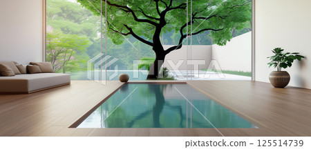 Cozy minimalist interior with infinity pool and panoramic mountain view through large window 125514739