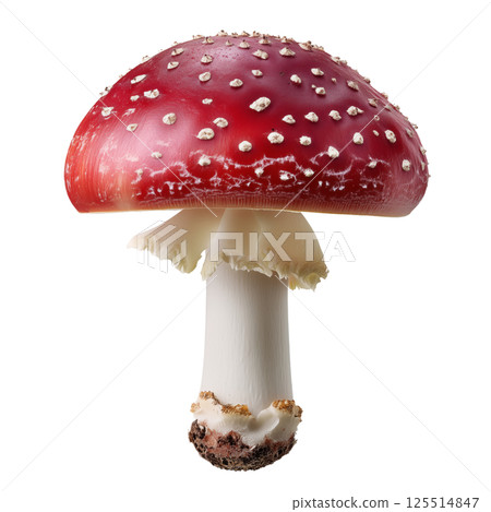 Studio macro photo of Amanita muscaria fly agaric mushroom with red cap and white warts isolated on transparent background 125514847