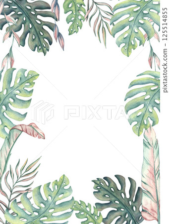 Watercolor Tropical Leaves Frame. Illustration with green palm leaves and leaves monstera. Tropical plants for decor, postcard, invitation. Abstract background for save the date, wedding ceremony Watercolor Tropical Leaves Frame. Illustration with green palm leaves and leaves monstera. Tropical plants for decor, postcard, invitation. Abstract background for save the date, wedding ceremony 125514855