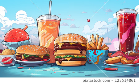 Colorful Fast Food Illustration Featuring Burgers, Fries, and a Refreshing Beverage 125514861