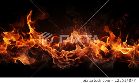 Bright dynamic fire flames with glowing orange and red colors swirling on black background in a realistic fiery texture 125514877