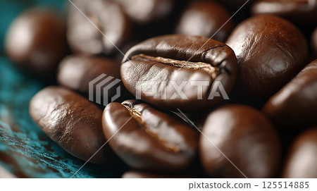 Close up of coffee beans on a blue plate. The beans are brown and have a slightly wrinkled surface 125514885