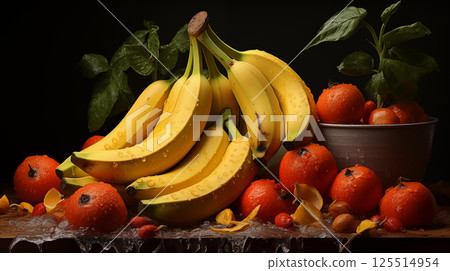 Fresh Tropical Bananas and Vibrant Oranges with Green Leaves on Wooden Surface dark background Fresh Tropical Bananas and Vibrant Oranges with Green Leaves on Wooden Surface dark background 125514954