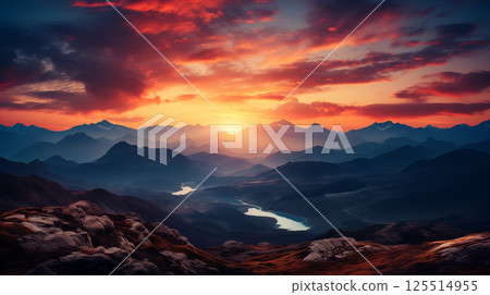 Majestic sunset over layered mountain ranges with glowing sky and winding river in a dramatic scenic landscape 125514955