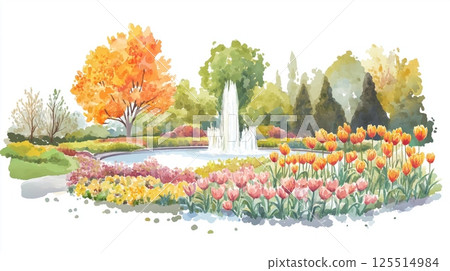 Keukenhof Gardens. Keukenhof Gardens hand drawn watercolor illustration Keukenhof Gardens. Keukenhof Gardens hand drawn watercolor illustration 125514984