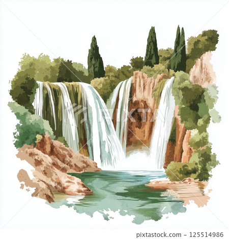 Kravica Waterfalls. Kravica Waterfalls hand drawn watercolor illustration 125514986