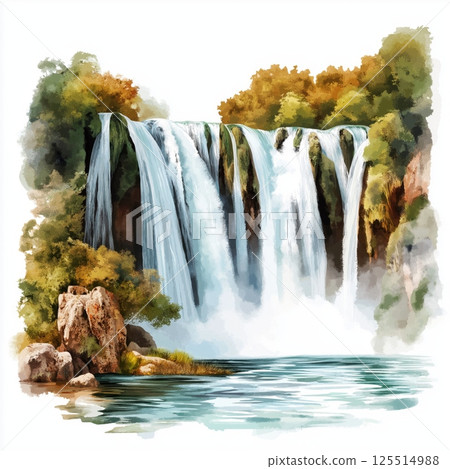 Kravica Waterfalls. Kravica Waterfalls hand drawn watercolor illustration Kravica Waterfalls. Kravica Waterfalls hand drawn watercolor illustration 125514988