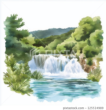 Krka National Park. Krka National Park hand drawn watercolor illustration Krka National Park. Krka National Park hand drawn watercolor illustration 125514989