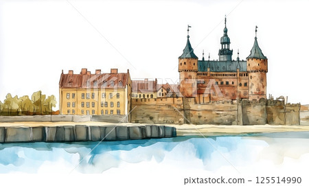 Kronborg Castle. Kronborg Castle hand drawn watercolor illustration 125514990