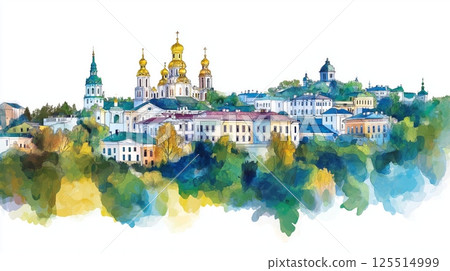 Kyiv Pechersk Lavra. Kyiv Pechersk Lavra hand drawn watercolor illustration 125514999