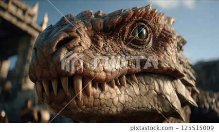 Close-up of a small brown dragon with large scales and green eyes 125515009