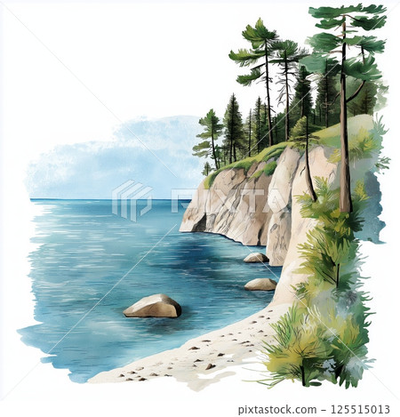 Lake Baikal. Lake Baikal hand drawn watercolor illustration 125515013