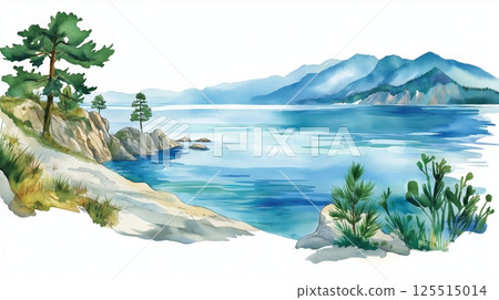 Lake Baikal. Lake Baikal hand drawn watercolor illustration 125515014