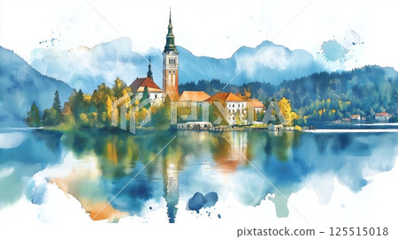 Lake Bled. Lake Bled hand drawn watercolor illustration Lake Bled. Lake Bled hand drawn watercolor illustration 125515018