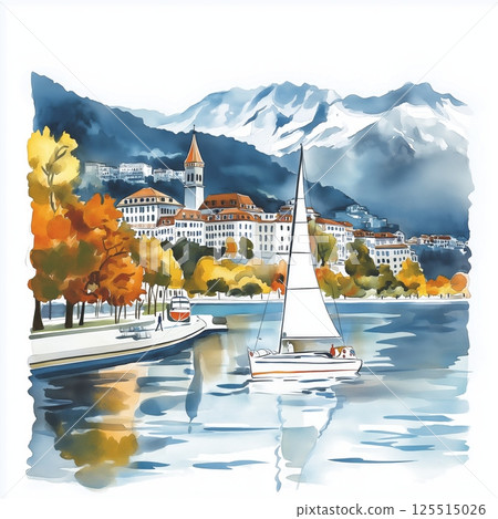 Lake Geneva. Lake Geneva hand drawn watercolor illustration Lake Geneva. Lake Geneva hand drawn watercolor illustration 125515026