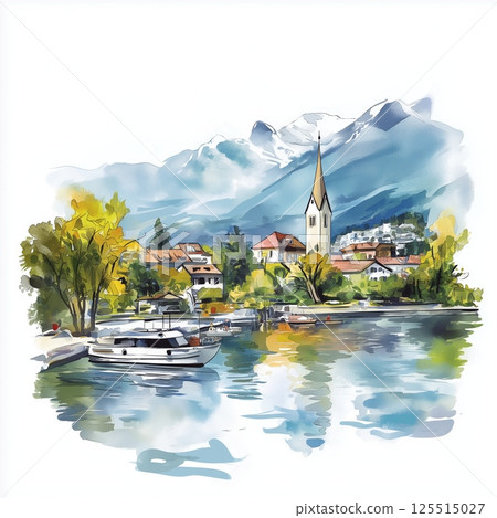 Lake Geneva. Lake Geneva hand drawn watercolor illustration Lake Geneva. Lake Geneva hand drawn watercolor illustration 125515027