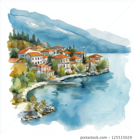 Lake Ohrid. Lake Ohrid hand drawn watercolor illustration 125515029